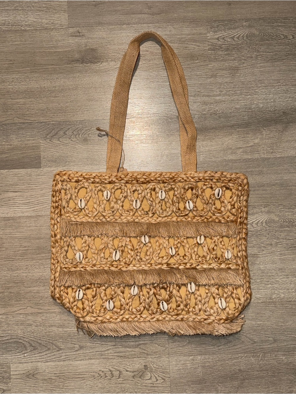 Salt + Umber ISLA Jute Seashell Tote Bag with Fringe, Handles & Interior Pocket